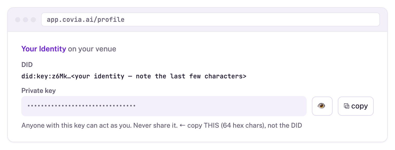Copying the private key from the dashboard