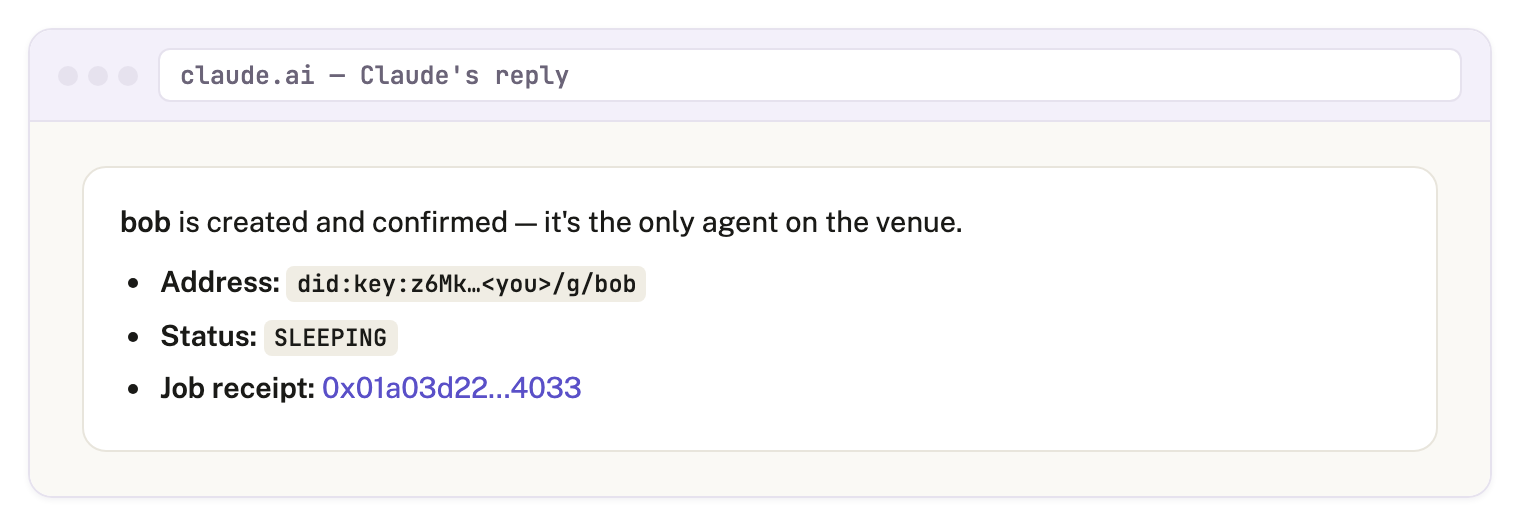 Claude creating an agent, with a job receipt